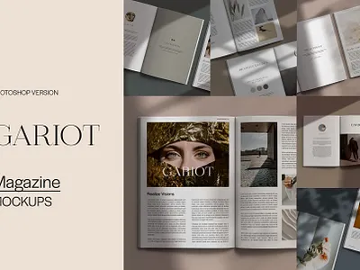 GARIOT Magazine Mockups brand branding creativemarket layout magazine magazine design mockup mockup design mockup psd natural neutral presentation print psd mockup scene creator shadow template