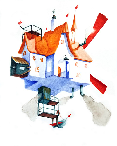 Flying House Concept 2 architecture book art concept art concept design illustration painting watercolor watercolor art watercolor illustration