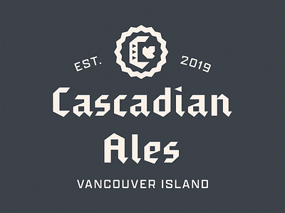 Cascadian Ales Full Lockup ale beer beer branding beer logo blackletter blackletterlogotype bottlecap brewery brewery branding brewery logo british columbia canada cascadia craft beer craft beer logo craft brewery logo maple leaf vancouver island