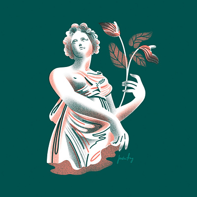 Woman with Anthurium anthurium coral dark green emerald green flowers goddess greek greek mythology illustration peach society6 spray paint statue texture woman