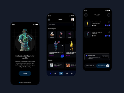 Action Figures Ecommerce App Dark Theme action actionfigures app design app designers dark app dark mode dark ui ecommerce interface design minimalist trendy ui design ui ux user experience design user interface