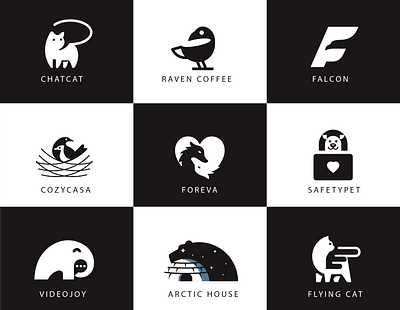 negative space logos animal bear bird brand identity branding cat clever creative custom design dog elephant hidden hidden meaning hidden message logo minimal raven ready made simple