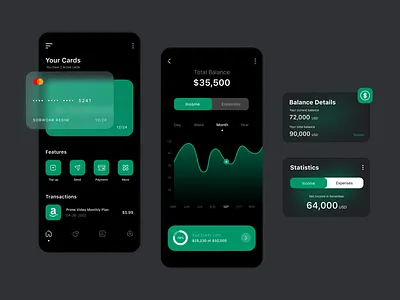 Fintech - Mobile Banking App (Dark Mode) app design bank bank app bank card banking app best design card design credit card dark app dark ui finance finance app financial financial app fintech fintech app mobile app mobile banking mobile ui money management