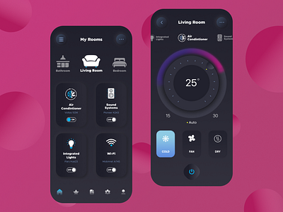 Smart Home Concept air conditioner dark design device figma home house icon mobile rooms smarthome system temperature ui ux