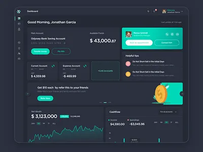 Bank Dashboard accounts banking dark dashboard dark ui dashboard fintech graphs money ui ux webdesign