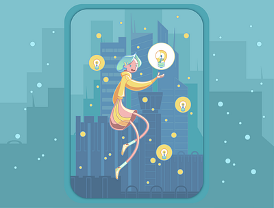 I have an idea character flat illustration flight idea lightbulb night city vector art web illustration