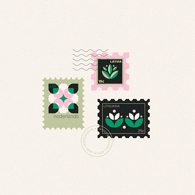 Stamps flat design flower geometic geometric art latvia letter lettermark lithuania mail nature netherlands retro font stamp design stamped stamps travel tulips typogaphy vector art vintage