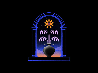 All flowers in time bend towards the sun dawn dusk flower illustration night stars sunset vase window