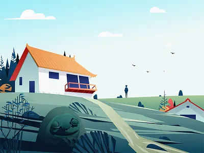 spirited away second bird cloud design grass house illustration mountain people sky stone tree