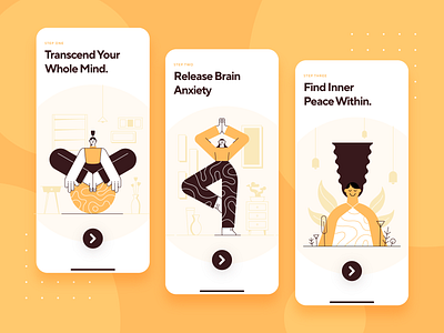 Meditation & Mindfulness UI/UX App 2 2d character exercise fintech flat girl health illustration meditation mindfulness mobile onboarding peace relax startup ui ux web design yellow yoga