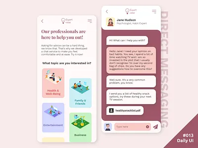 Daily UI #013 Direct Messaging 013 app cards categories chat chat app coaching daily daily ui dailyui direct messaging message mobile topics ui