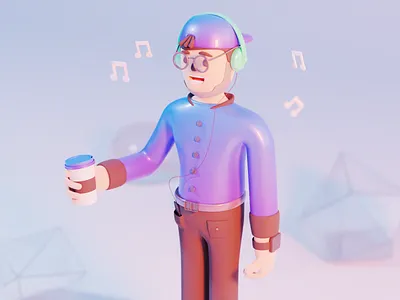 Coffee and music 3d 3dicon blender character characterdesign coffee cup design glasses headphones illustration music watches