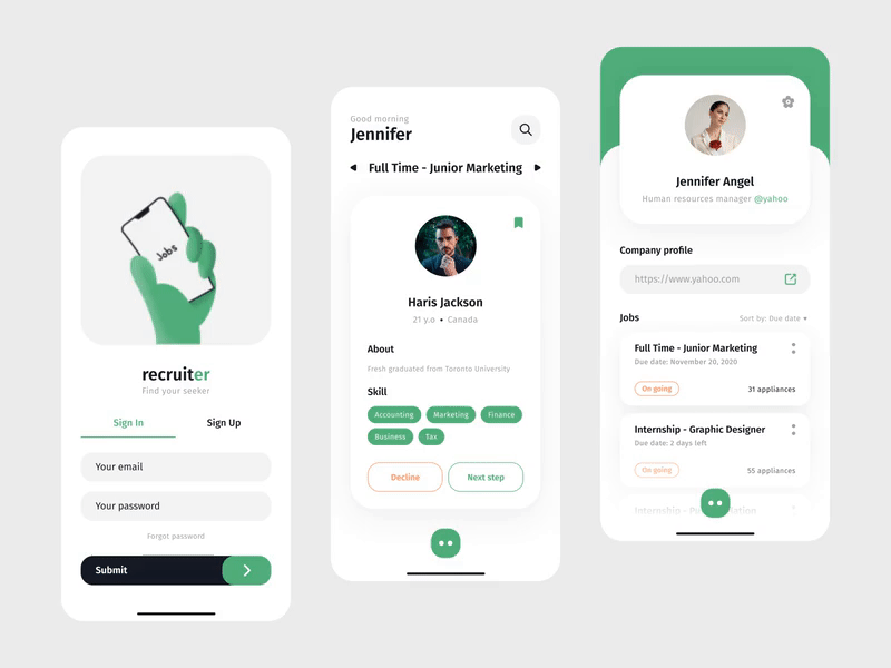 recruit.er - job app animation app clean green illustration ios job app job application job search mobile app profile proposal sign in sign up simple splash screen ui ui design ux ux design