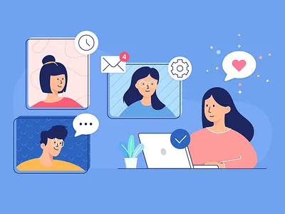 Communication chat colors communication computer emails flat fun illuatration peaople talking team zoom