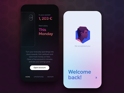 Bank home screen bank dark gradient home mastercard minimal mobile neobank transparent welcome