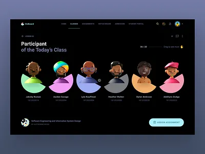 Participants: Onboard Online Education app assignment black class creators dark education lesson members online participant school students teachers ui users web webdesign