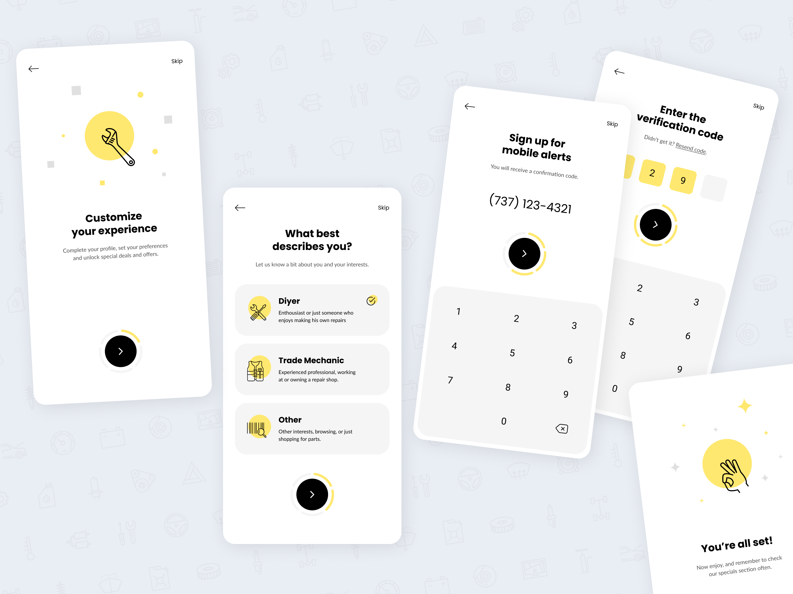 Auto parts app - Customize experience account app auto auto parts automotive car customization flat iconography mechanic mobile onboarding otp parts settings simple ui ux vehicle