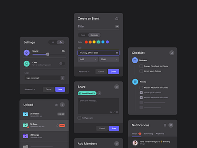 Cards - Dark UI app calendar checklist dashboard design system event input modal notifications picker popup settings share tasks to do ui upload ux web