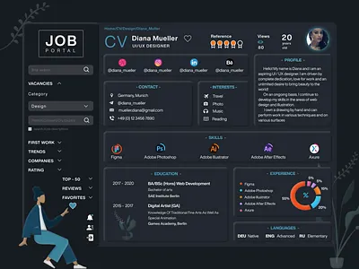 Dashboard CV | Dark Theme UI UX Design cv dark dashboard dashboard design dashboard ui design designer education experience interest job jobs portal profile search skills theme ui ux