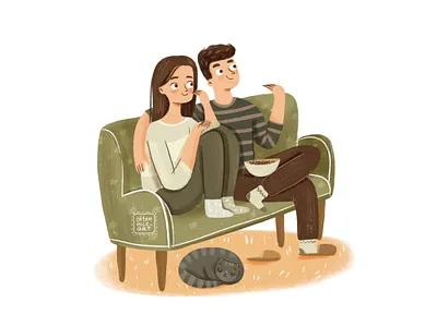 movie night cat character character design cinema couch couple design digital art flat girl grain green guy illustration design minimalist movie night people procreate texture vintage