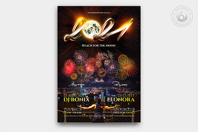 New Year Flyer Template V1 black celebration club design fireworks flyer full moon moon new year new year party new years eve new york night nye party photoshop poster psd template urban