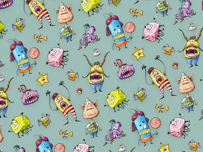 Little Monsters Pattern childrens illustration funny character funny illustration illustration monster pattern pattern art