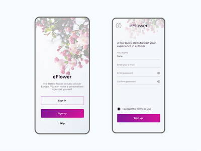 eFlower - flower delivery app sign up | Daily UI Challenge 001 app dailyui dailyuichallenge design figma flower shop