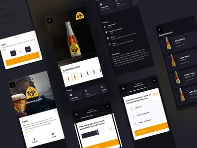 ABInBev Beer & Shop app app app design beer branding cards dark dark ui detail detail page icons mobile onboarding product questionnaire shop steps ui ux