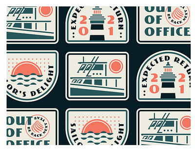 Out of Office badge badge logo badges boat boat logo boating branding design illustration lighthouse logo nautical patches shell shellfish sun typography vector water