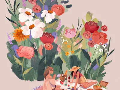 Flower Picnic 2d character digitalart flowers illustration picnic postcard procreate texture