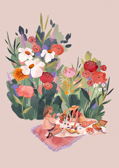 Flower Picnic 2d character digitalart flowers illustration picnic postcard procreate texture