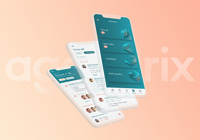 Agendrix — Manage on the Go 👏 app design design employees figma filters frosted glass greenery icons illustration interface listing mobile app navigation peachy requests saas app scheduling scheduling app tiles ui