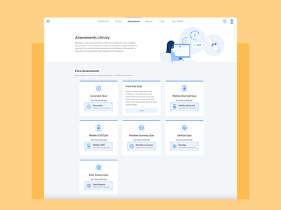 Assessments Library badge cards certificate design directory engineers library minimal productdesign skills ui uidesign ux web