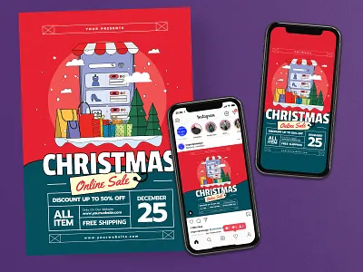 Christmas Online Sale Flyer Instagram Post Story Set christmas discount flyer instagram instagram post instagram story modern poster red retail retail design sale social media template