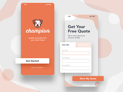 Champion App 001 app branding daily ui dog dribbble flat design graphic design illustration illustrator insurance layout mobile ui mockup orange photoshop pitbull sign up ui xd