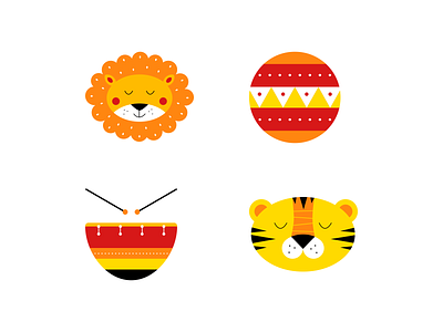 Circus icons ball children circus drum icon illustration kids lion orange red tyger yellow