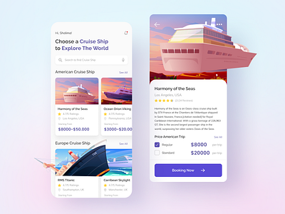 Cruise Travel App 2d clean color colorful cruise cruise ship design illustration mobile app mobile design mobile ui ocean sea ship travel ui uidesign uiux