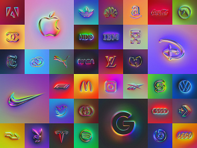 36 logos 3d abstract art branding chrome type colors design filter forge generative illustration logo logotype metallic neumorphism rebrand rebranding skeumorphism ui ux ux design