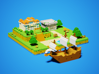 3D village 3d art 3d artist building design illustration island pixel pixelart village