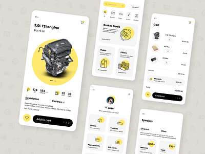 Auto parts app account auto auto parts automotive car cart flat iconography mechanic parts product repair shopping simple ui ux vehicle