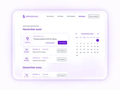 Schedule- Upcoming Events Mindcare branding calendar health health app logo mental health mental health awareness ui