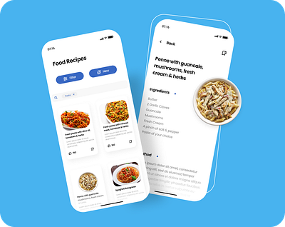 Recipe app bg branding buttons clean concept dailyui figma flat food fresh ios mobileapp pasta recipe shadows trending typography ux vector