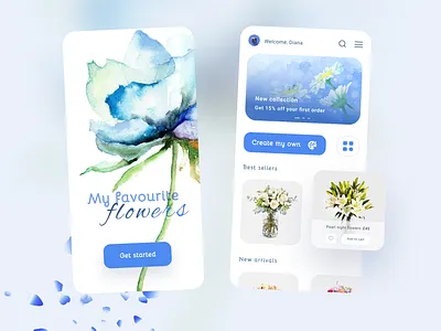 Flowers shop account app banner blue blue and white colors cta cta button design ecommerce flowers inspiration menu minimal petals ui uidesign ux uxdesign