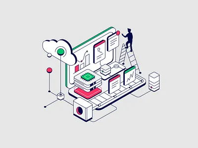 Cloud Services abstract ai call center call centre character chip cloud cloud storage cpu desktop graphic design illustration ladder laptop linework server task ui ux vector