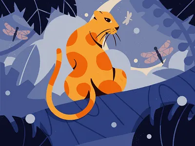 Leopard in the Jungle animal animal art animal illustration cartoon character dragonfly drawing feline flat habitat illustration leopard natural naturalistic nature night palette pastel procreate tiger