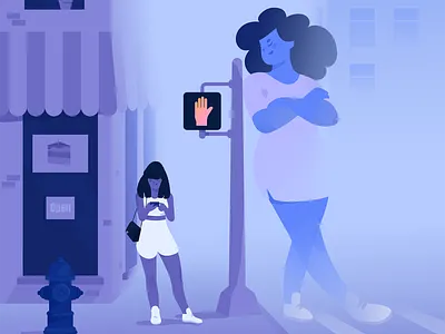 Beings. adobe illustrator adobe photoshop blue buildings crosswalk downtown fire hydrant girl illustration illustrator invisible people phone purple spirit stoplight store street window women