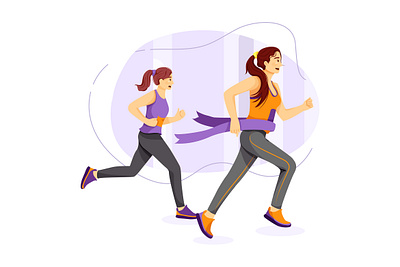 Women winning and cross finish line of marathon action active activity adult biking concept design exercise health healthy illustration interface lifestyle marathon outdoor practicing sport vector workout