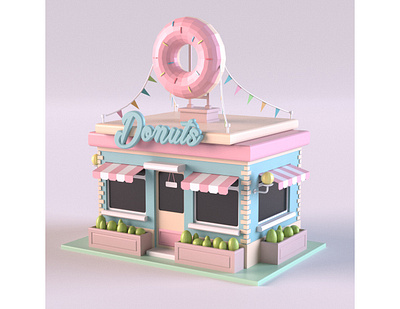 Donut Shop 3d 3d art 3dmodel building cartoon design donut donut shop environment exterior facade illustration isometric lowpoly market maya render shop store