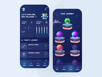 Mobile app for learning at school 3d activity app courses dashboard education event galaxies game gamification grammar graphic design journey learning lesson mobile results robot space ui