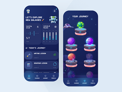 Mobile app for learning at school 3d activity app courses dashboard education event galaxies game gamification grammar graphic design journey learning lesson mobile results robot space ui